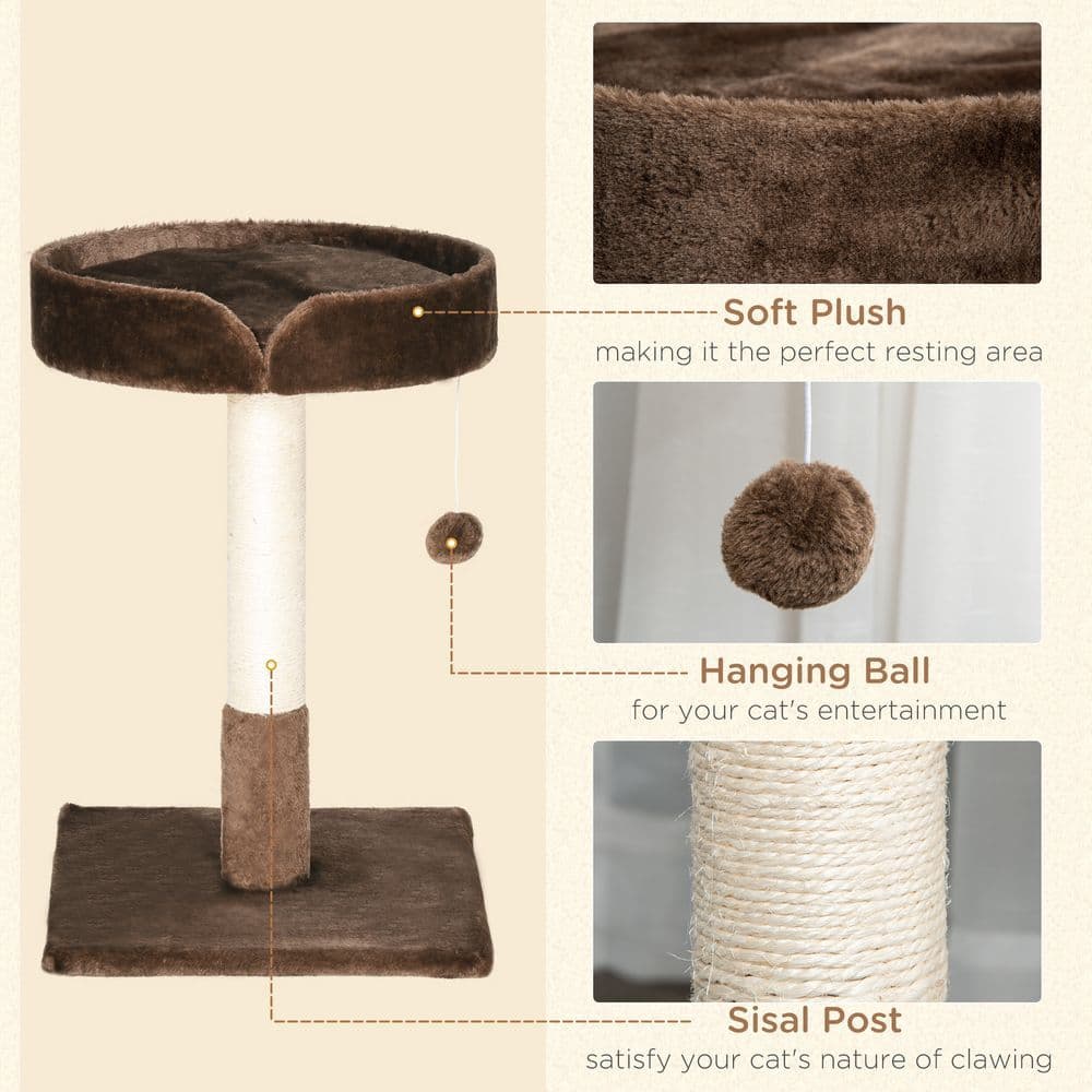 image-Small Cat Tree for Indoor Cats W/ Sisal Scratching Post Bed Cushion Toy Pawhut