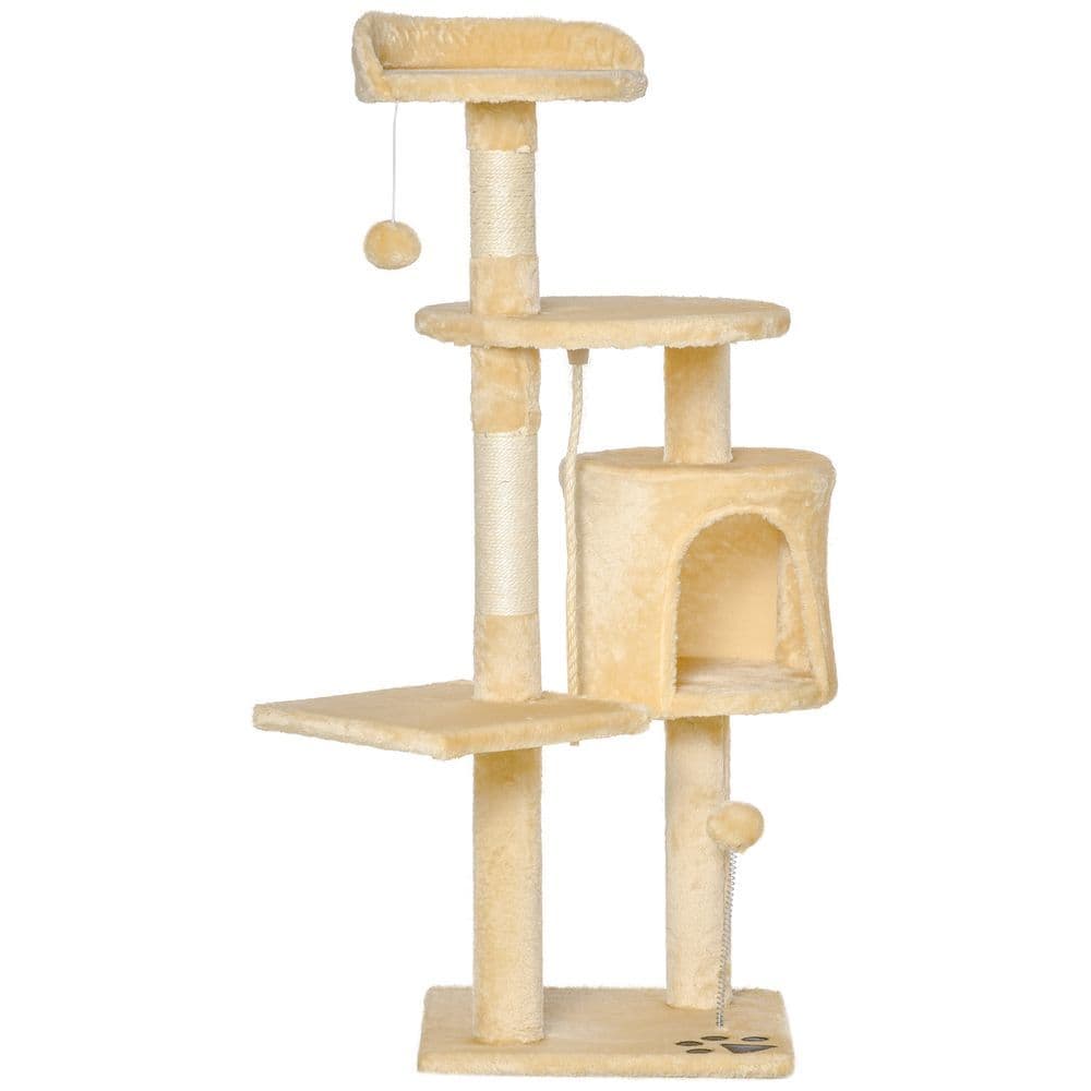 image-Cat Tree Activity Centre Scratching Post With Toys 4-tier Beige 114cm Pawhut
