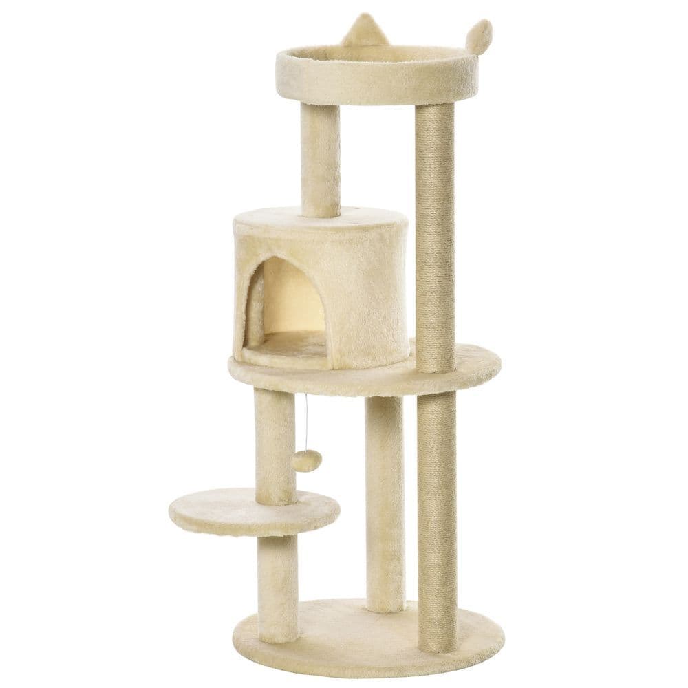 image-3-Tier Deluxe Cat Activity Tree Scratching Posts Kitten Beige Pawhut
