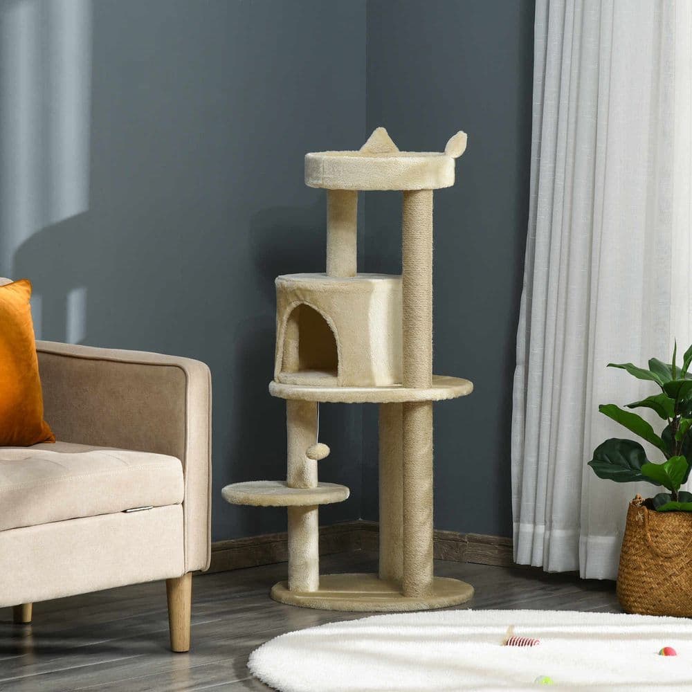 image-3-Tier Deluxe Cat Activity Tree Scratching Posts Kitten Beige Pawhut