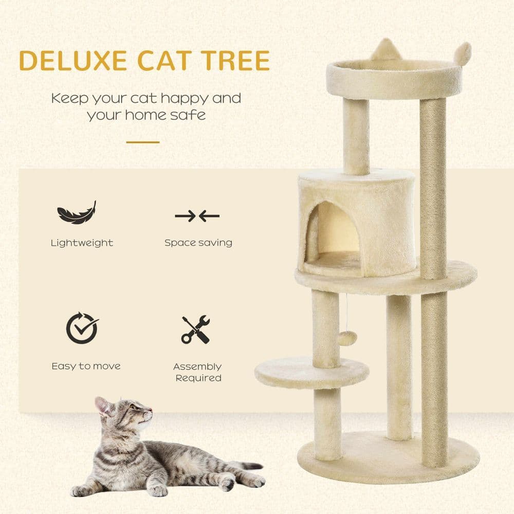 image-3-Tier Deluxe Cat Activity Tree Scratching Posts Kitten Beige Pawhut