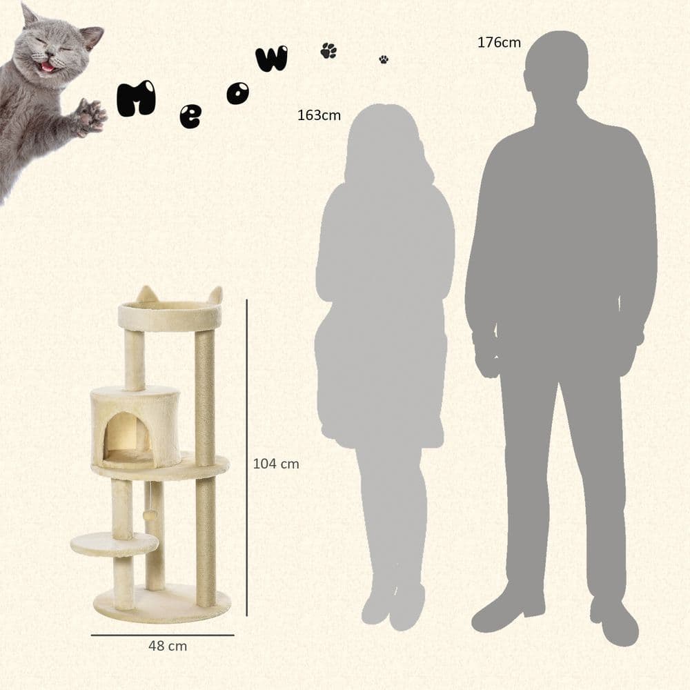 image-3-Tier Deluxe Cat Activity Tree Scratching Posts Kitten Beige Pawhut
