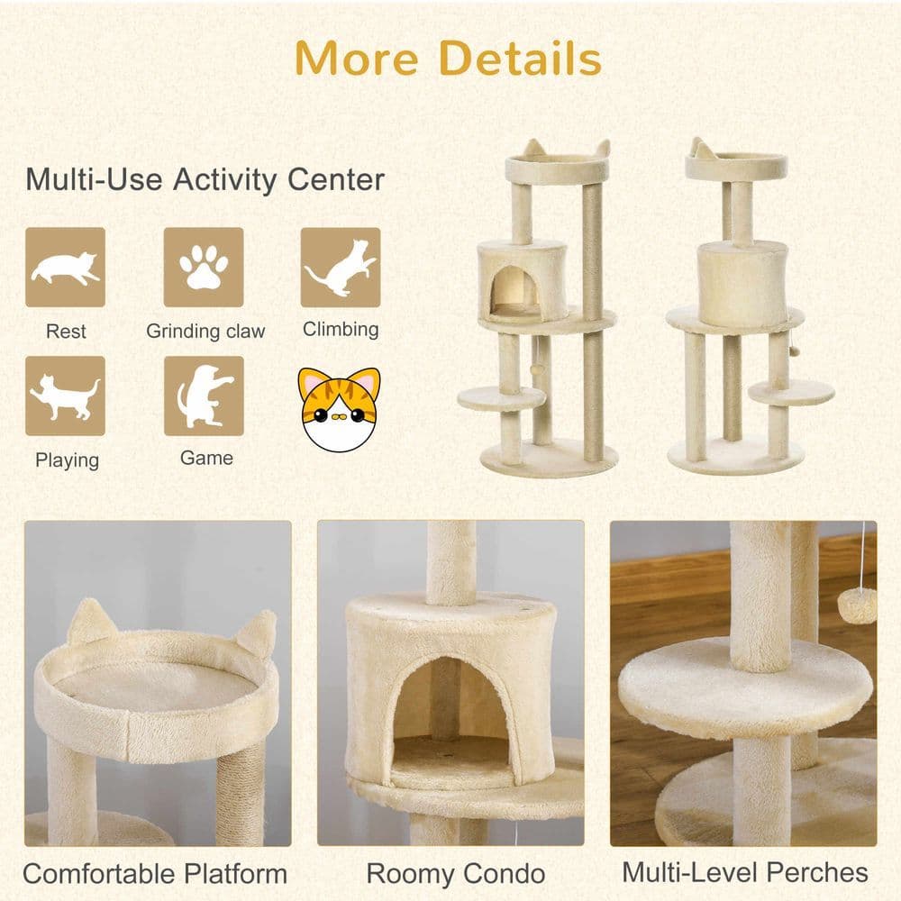 image-3-Tier Deluxe Cat Activity Tree Scratching Posts Kitten Beige Pawhut