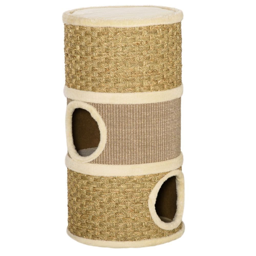 image-Cat Scratching Barrel Kitten Tree Tower with Sisal and Seaweed Rope Pawhut