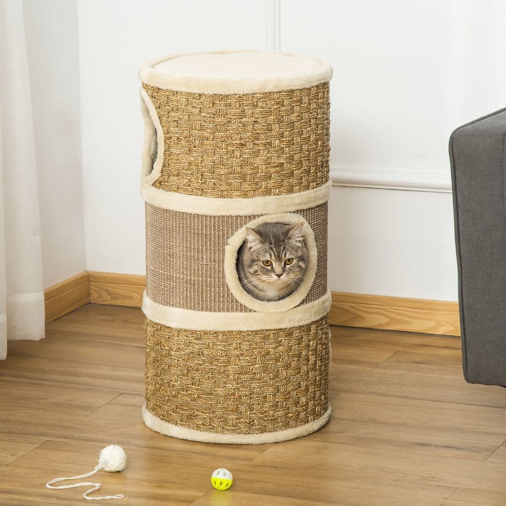 image-Cat Scratching Barrel Kitten Tree Tower with Sisal and Seaweed Rope Pawhut