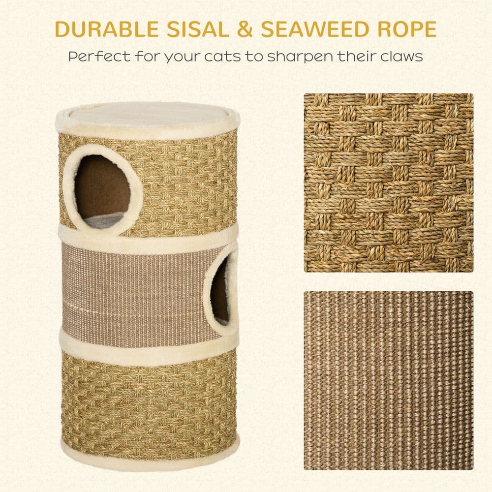 image-Cat Scratching Barrel Kitten Tree Tower with Sisal and Seaweed Rope Pawhut