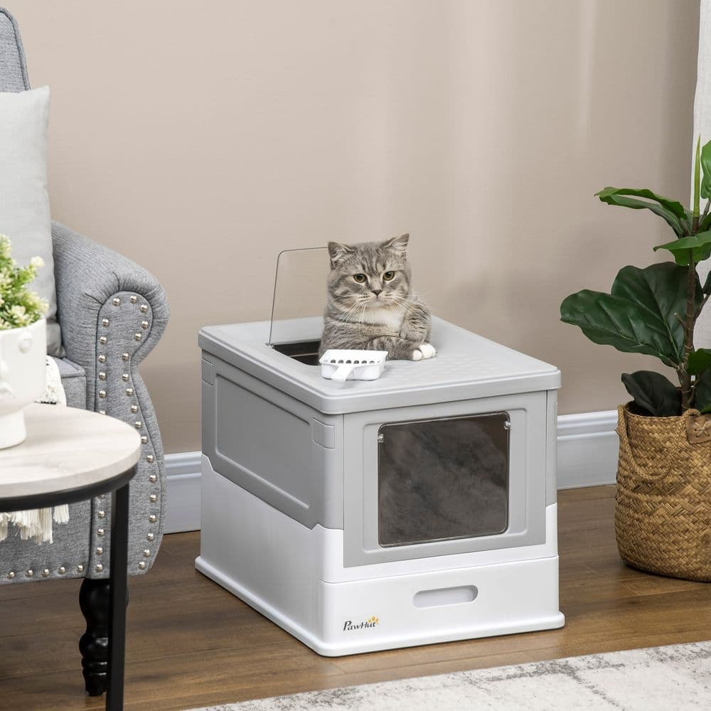 image-Hooded Cat Litter Box, Portable Pet Toilet, W/ Scoop, Tray, Grey Pawhut