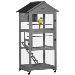 image-Bird Cage Wooden Aviary for Canary Cockatiel Parrot w/ Wheels Tray