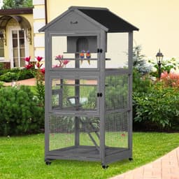 image-Bird Cage Wooden Aviary for Canary Cockatiel Parrot w/ Wheels Tray