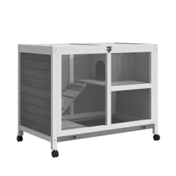 image-Wood Rabbit Hutch Bunny Cage Pet House Indoor W/ Tray Ramp, Grey Pawhut