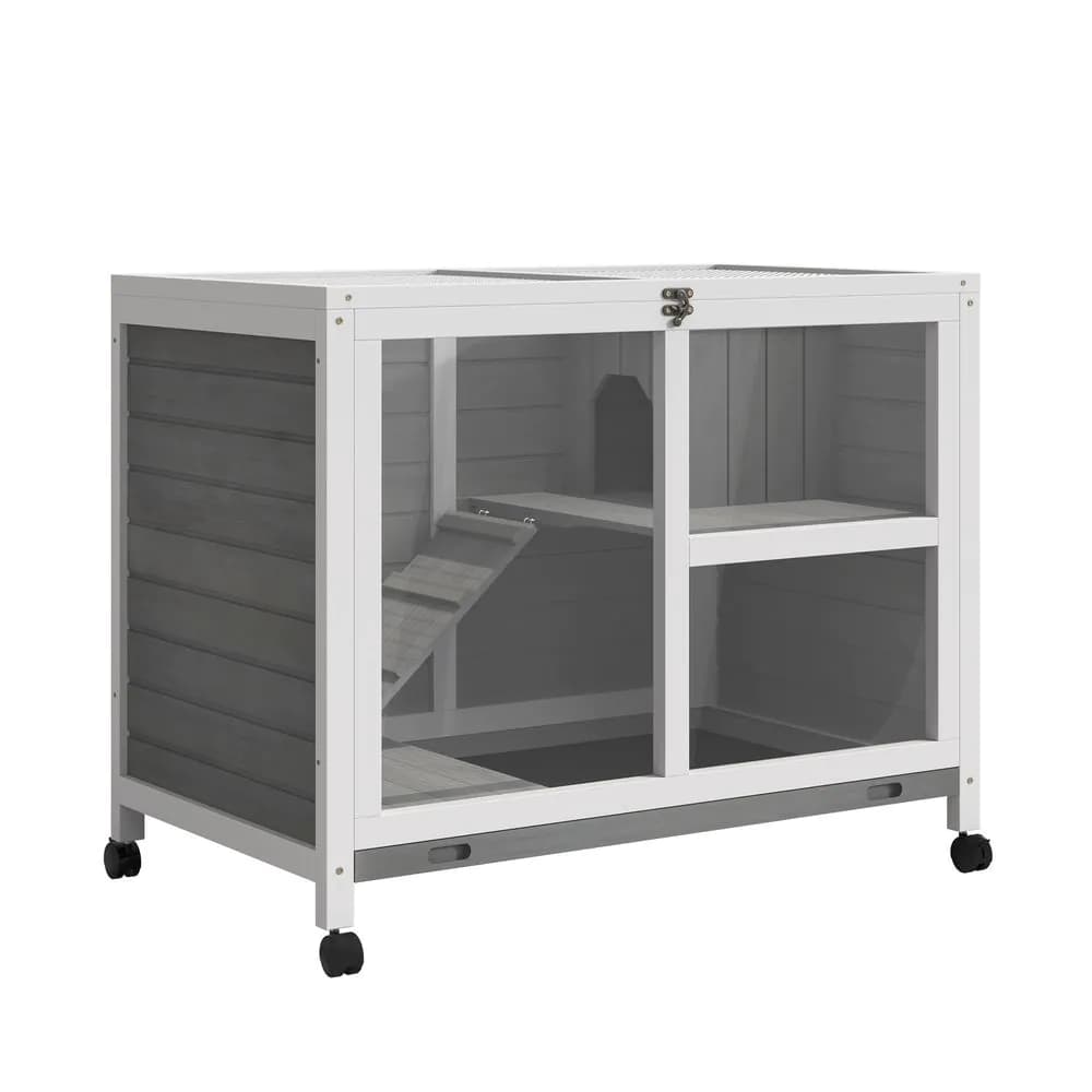 image-Wood Rabbit Hutch Bunny Cage Pet House Indoor W/ Tray Ramp, Grey Pawhut