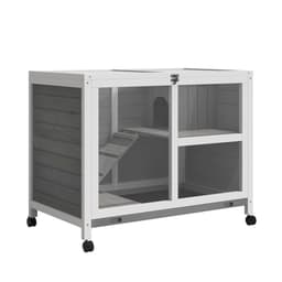image-Wood Rabbit Hutch Bunny Cage Pet House Indoor W/ Tray Ramp, Grey Pawhut