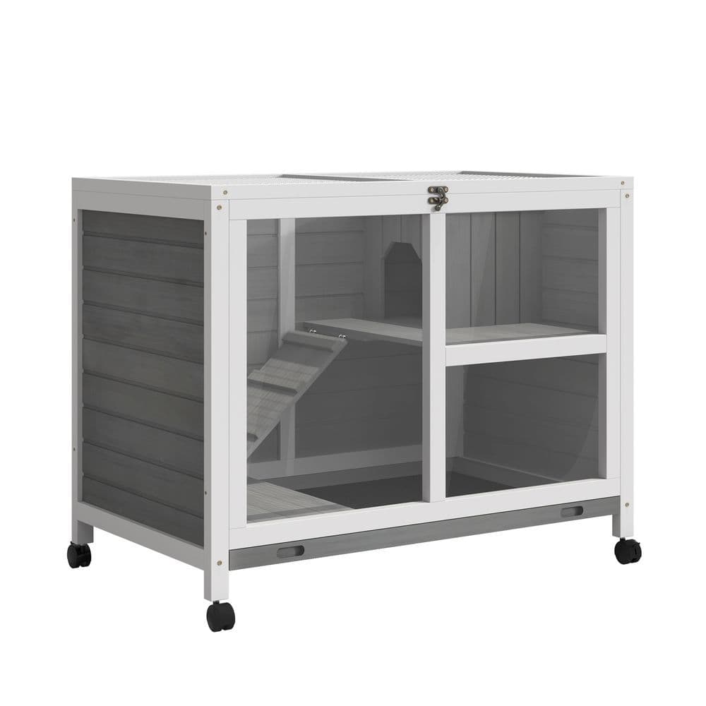 image-Wood Rabbit Hutch Bunny Cage Pet House Indoor W/ Tray Ramp, Grey Pawhut