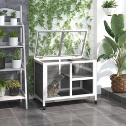 image-Wood Rabbit Hutch Bunny Cage Pet House Indoor W/ Tray Ramp, Grey Pawhut