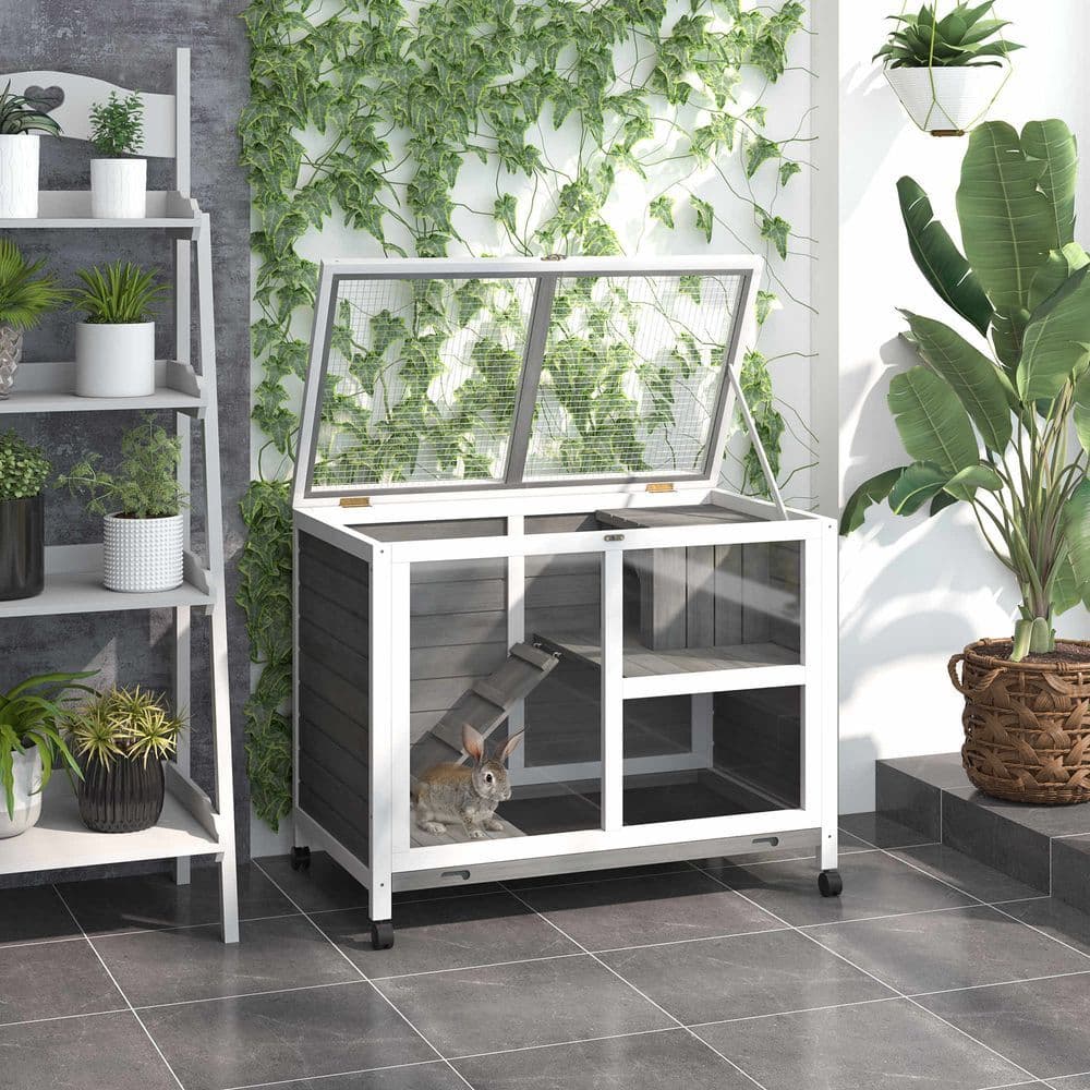 image-Wood Rabbit Hutch Bunny Cage Pet House Indoor W/ Tray Ramp, Grey Pawhut