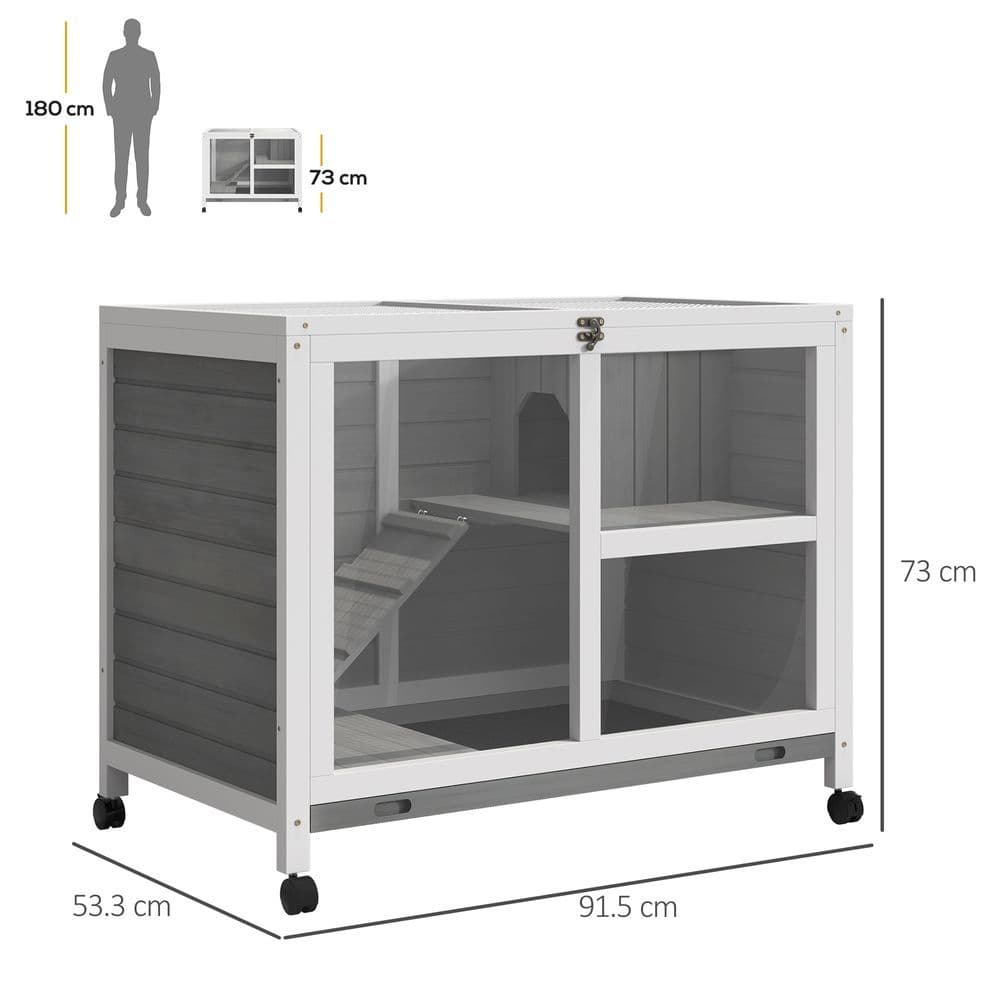 image-Wood Rabbit Hutch Bunny Cage Pet House Indoor W/ Tray Ramp, Grey Pawhut