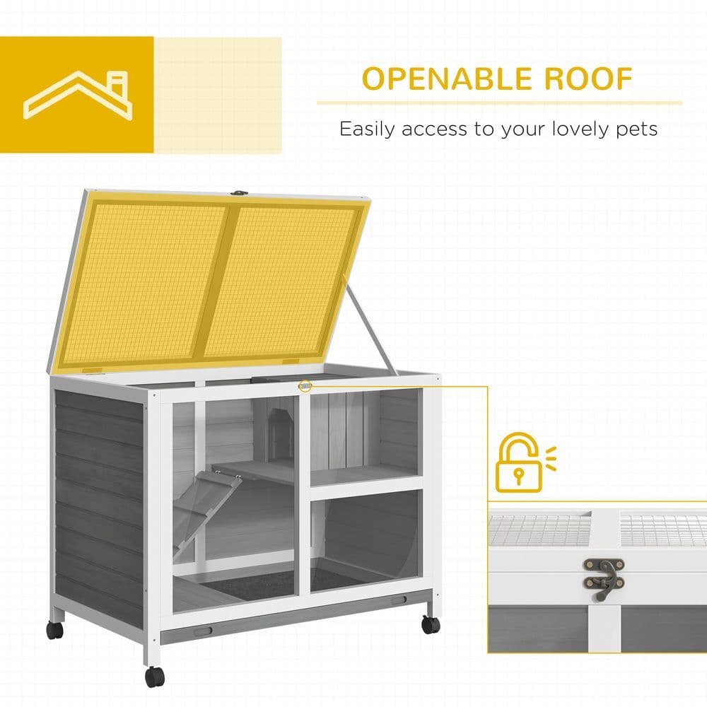 image-Wood Rabbit Hutch Bunny Cage Pet House Indoor W/ Tray Ramp, Grey Pawhut
