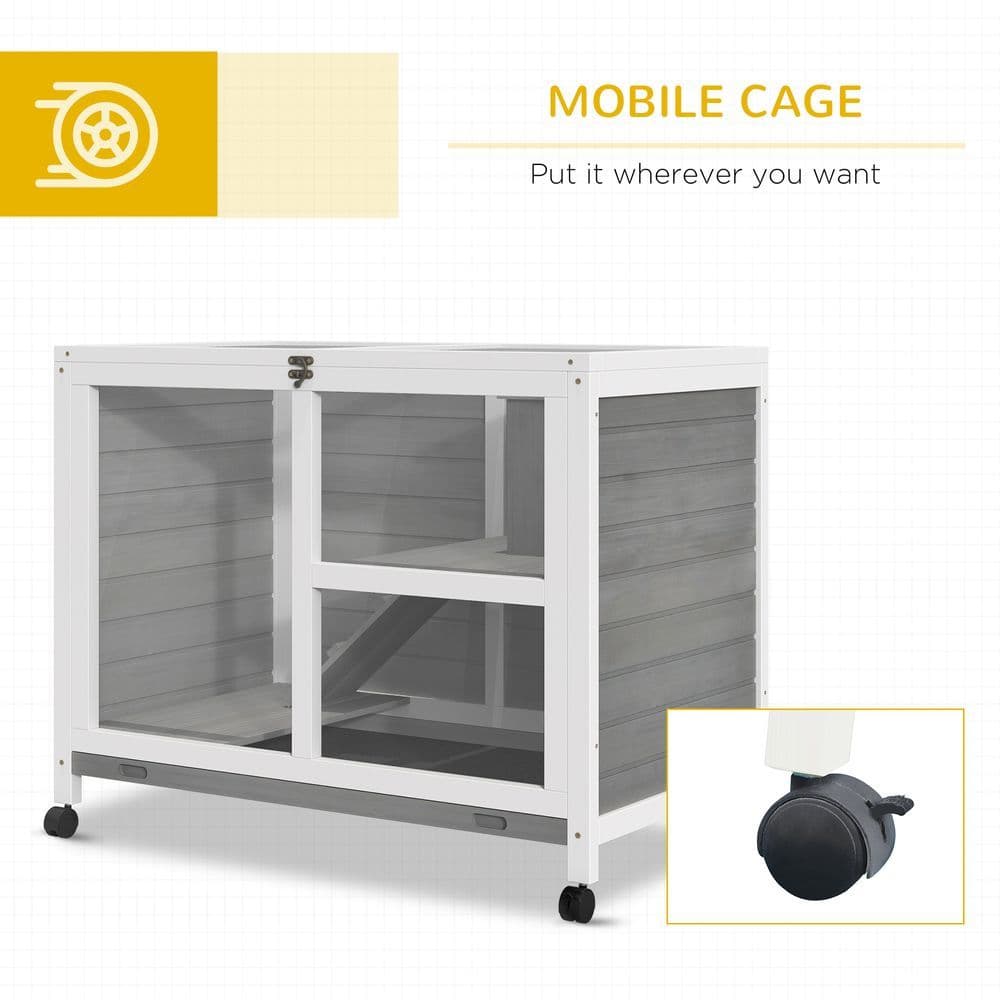 image-Wood Rabbit Hutch Bunny Cage Pet House Indoor W/ Tray Ramp, Grey Pawhut