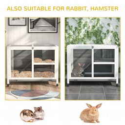 image-Wood Rabbit Hutch Bunny Cage Pet House Indoor W/ Tray Ramp, Grey Pawhut