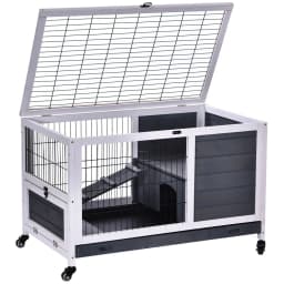 image-Wood Indoor Rabbit Hutch Elevated 2-Floor Guineas Pigs Cage w/ Wheels Pawhut