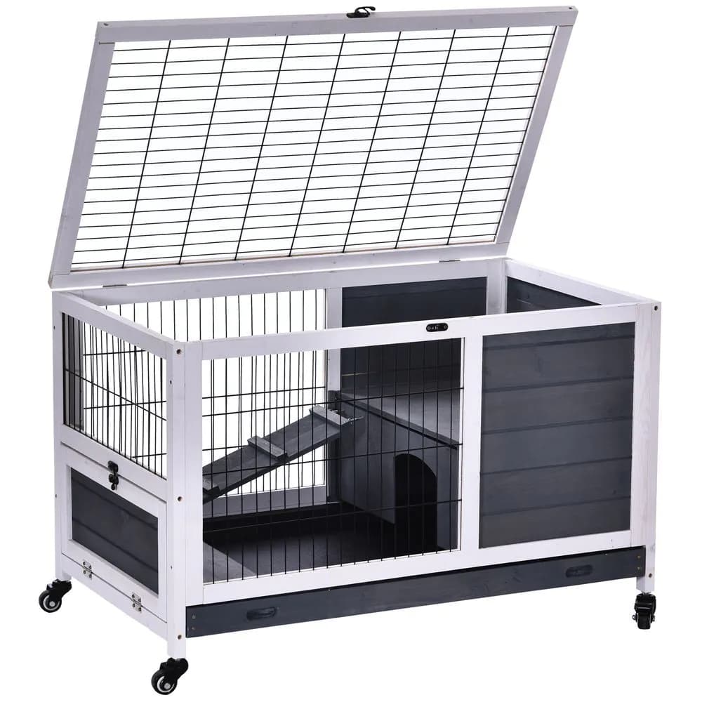 image-Wood Indoor Rabbit Hutch Elevated 2-Floor Guineas Pigs Cage w/ Wheels Pawhut