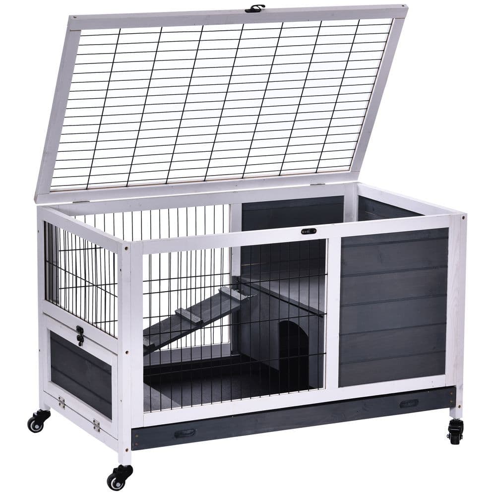 image-Wood Indoor Rabbit Hutch Elevated 2-Floor Guineas Pigs Cage w/ Wheels Pawhut