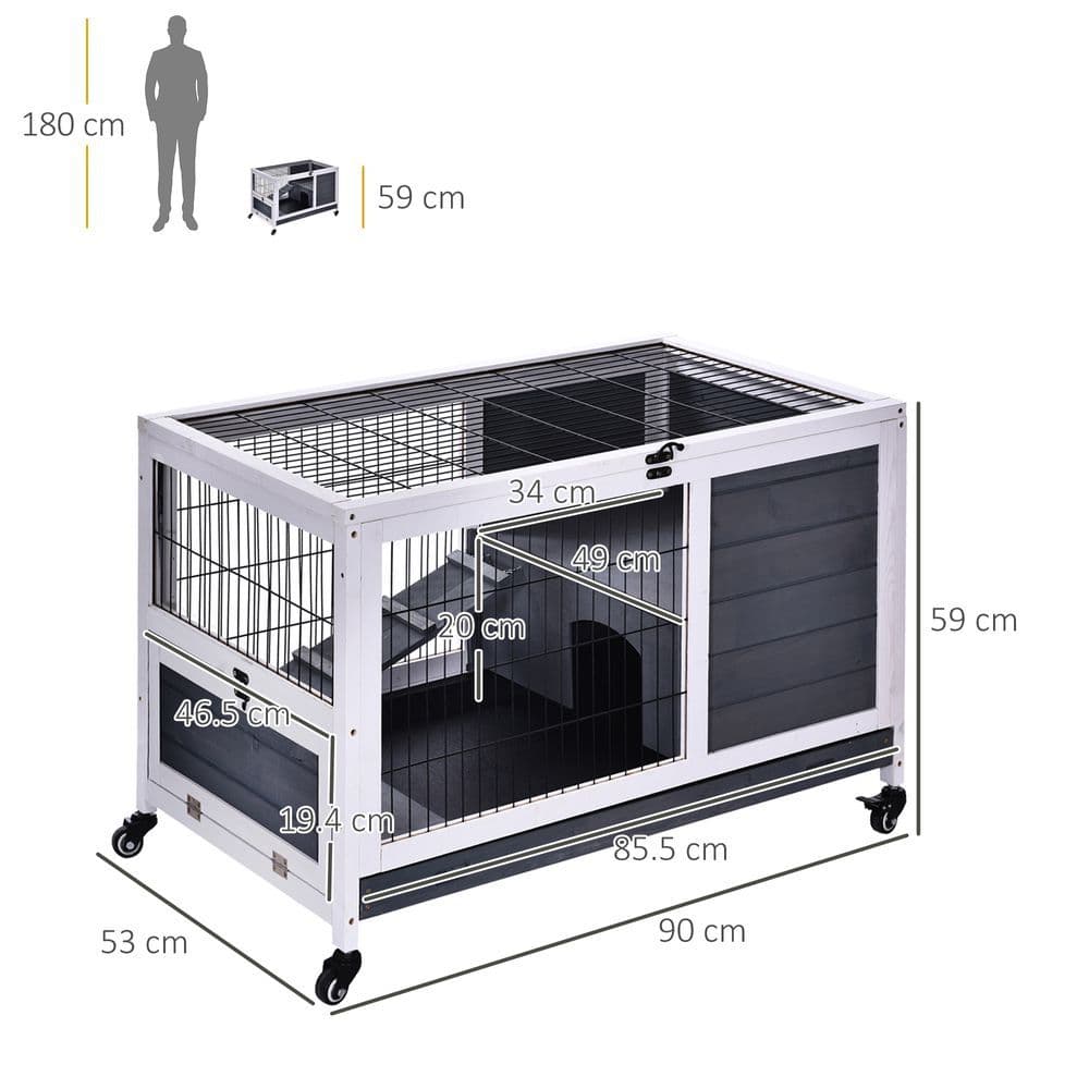 image-Wood Indoor Rabbit Hutch Elevated 2-Floor Guineas Pigs Cage w/ Wheels Pawhut