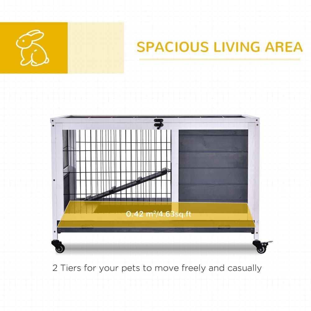 image-Wood Indoor Rabbit Hutch Elevated 2-Floor Guineas Pigs Cage w/ Wheels Pawhut