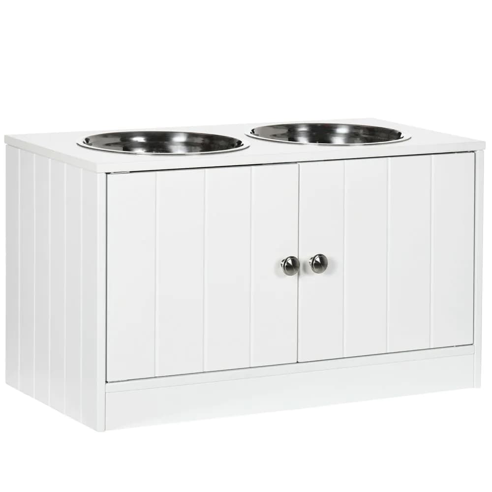 image-Raised Dog Bowls for Large Dogs Feeding Station Stand, Storage - White Pawhut