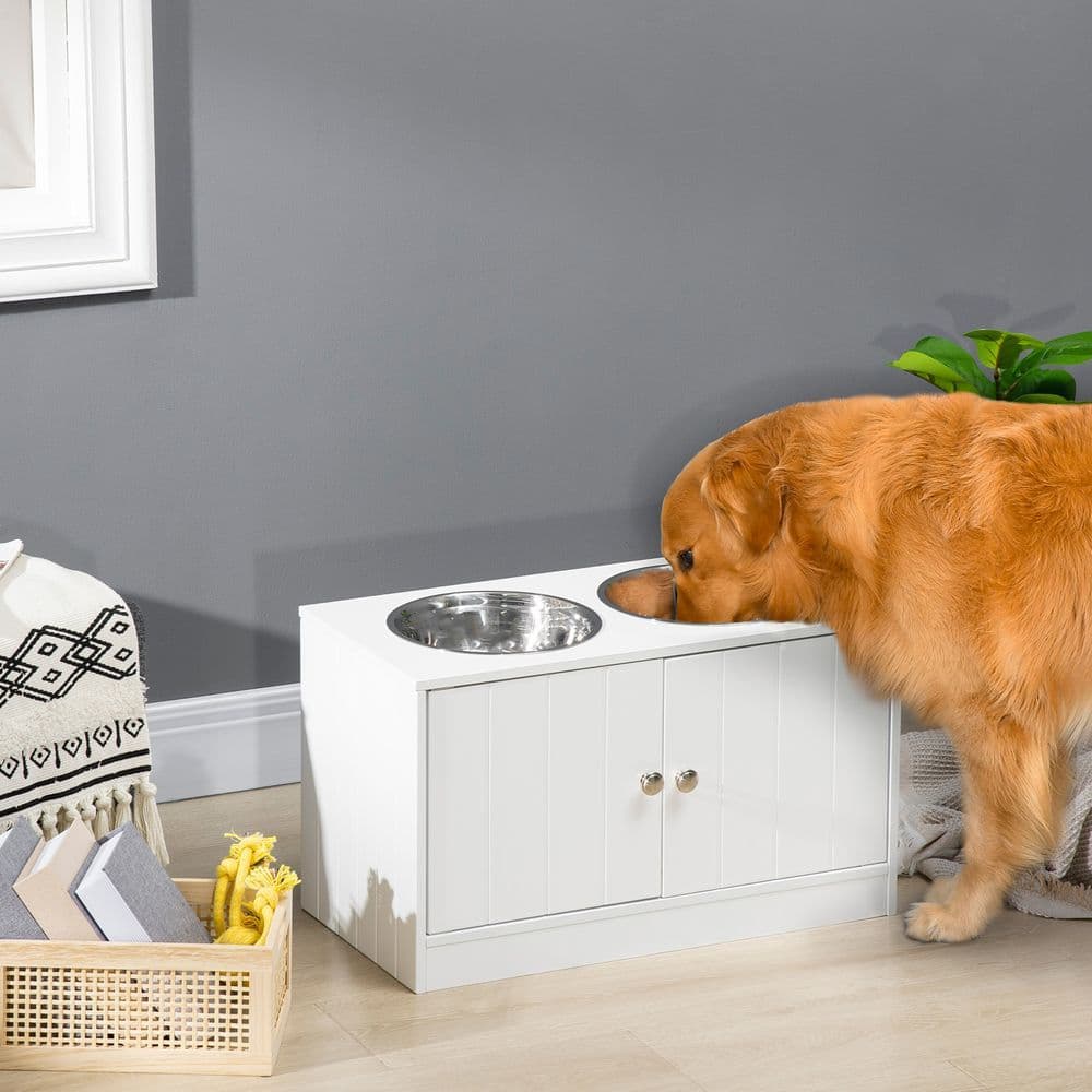 image-Raised Dog Bowls for Large Dogs Feeding Station Stand, Storage - White Pawhut
