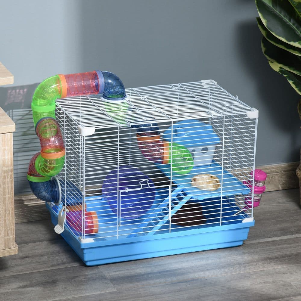 image-Hamster Cage Carrier Small Animal House w/ Exercise Wheels Tunnel Tube Pawhut