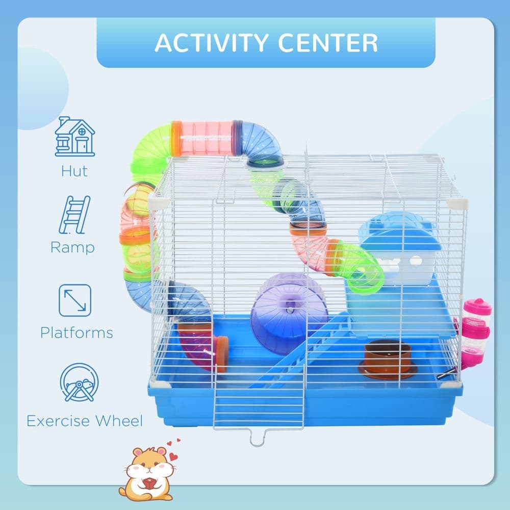 image-Hamster Cage Carrier Small Animal House w/ Exercise Wheels Tunnel Tube Pawhut