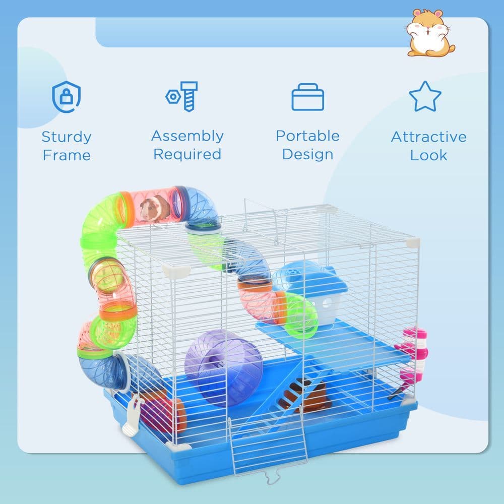 image-Hamster Cage Carrier Small Animal House w/ Exercise Wheels Tunnel Tube Pawhut
