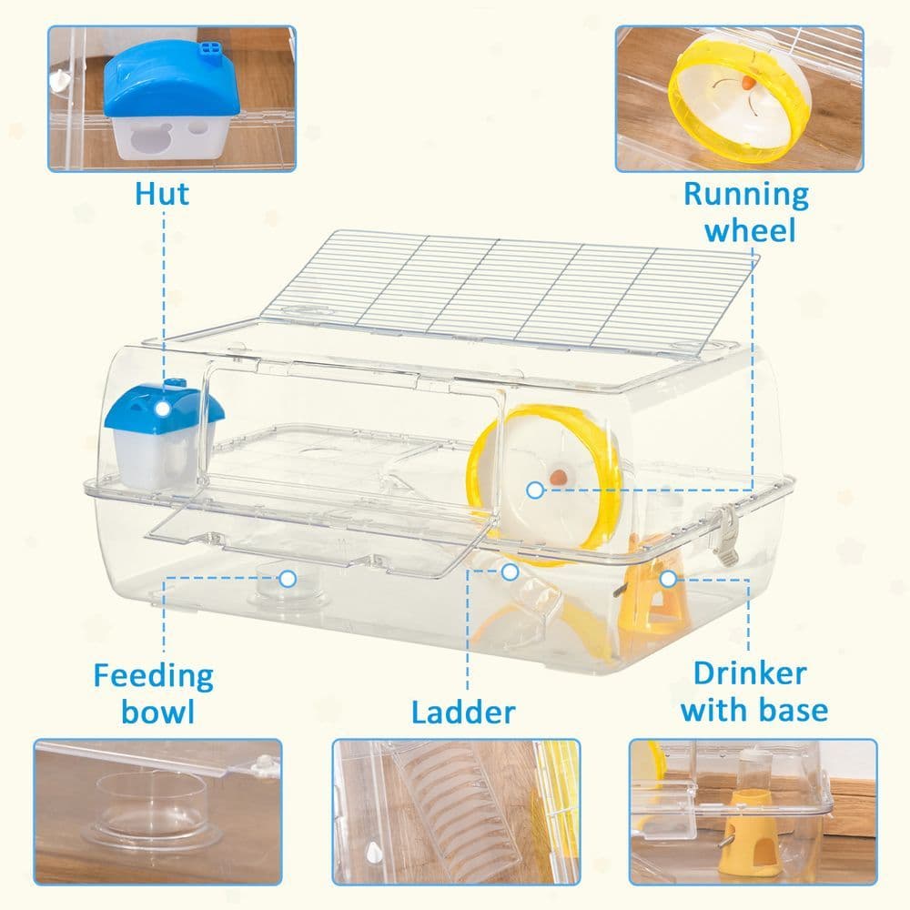 image-Portable 2 Storey Hamster Cage w/Running Wheel Drinker Feeding Bowl Pawhut