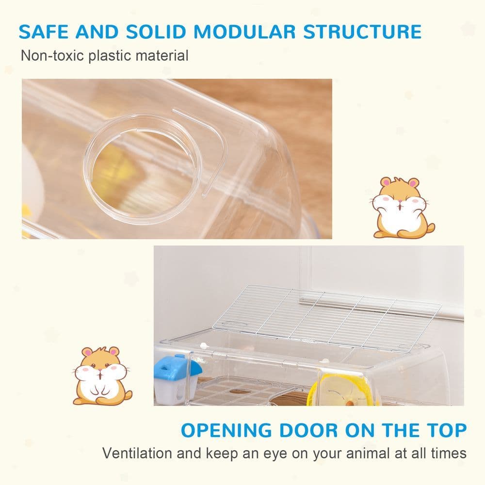 image-Portable 2 Storey Hamster Cage w/Running Wheel Drinker Feeding Bowl Pawhut