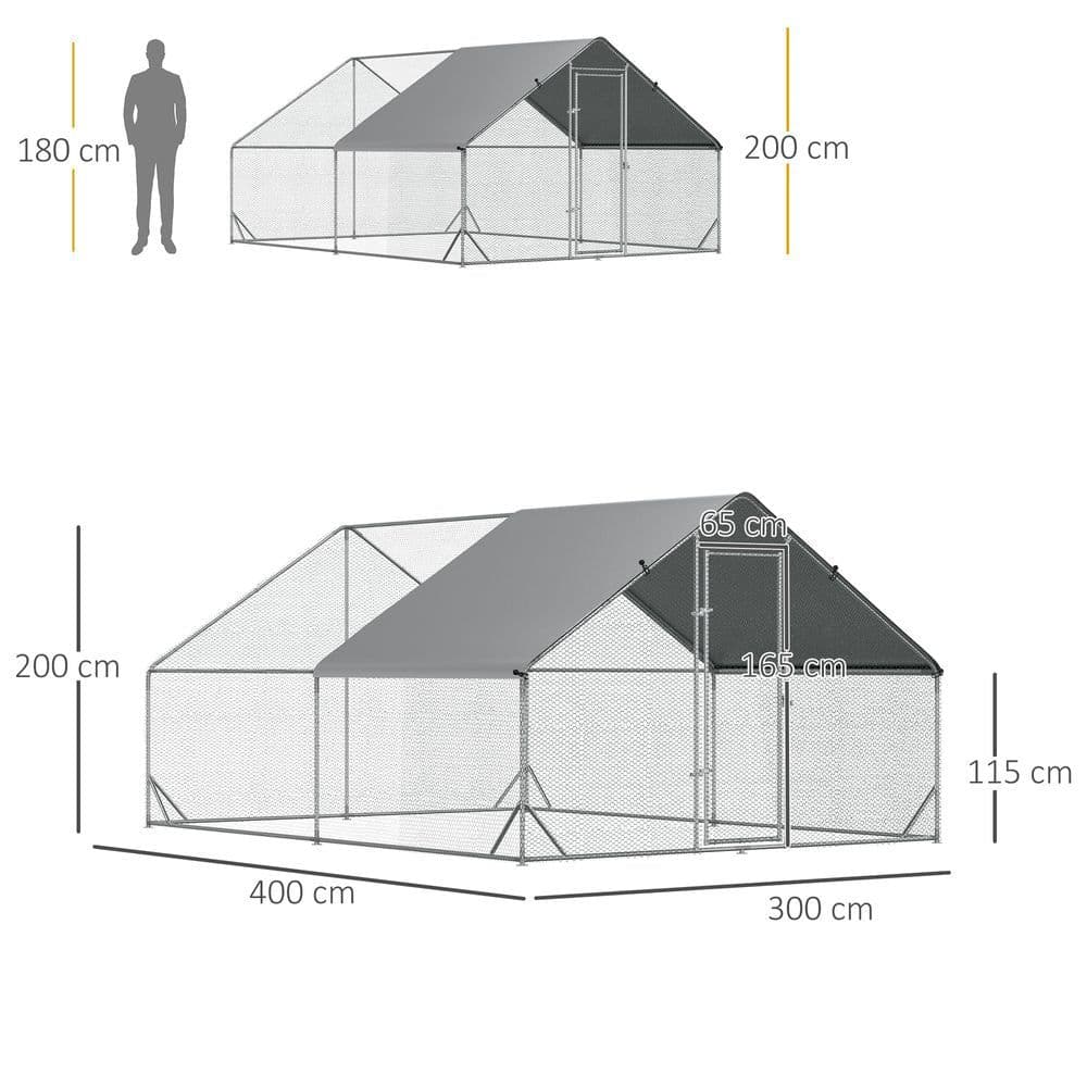 image-Walk In Chicken Run Large Galvanized Chicken Coop w/ Cover 3 x 4 x 2m Pawhut
