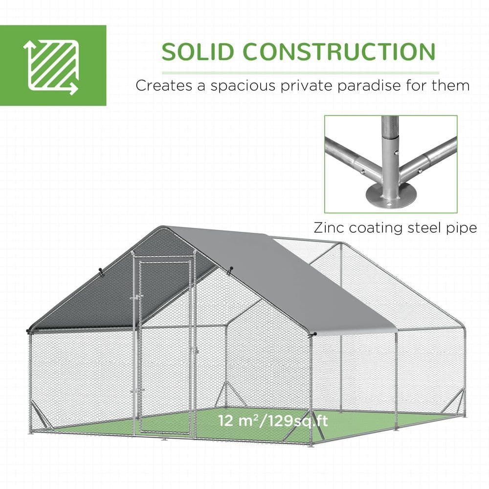 image-Walk In Chicken Run Large Galvanized Chicken Coop w/ Cover 3 x 4 x 2m Pawhut