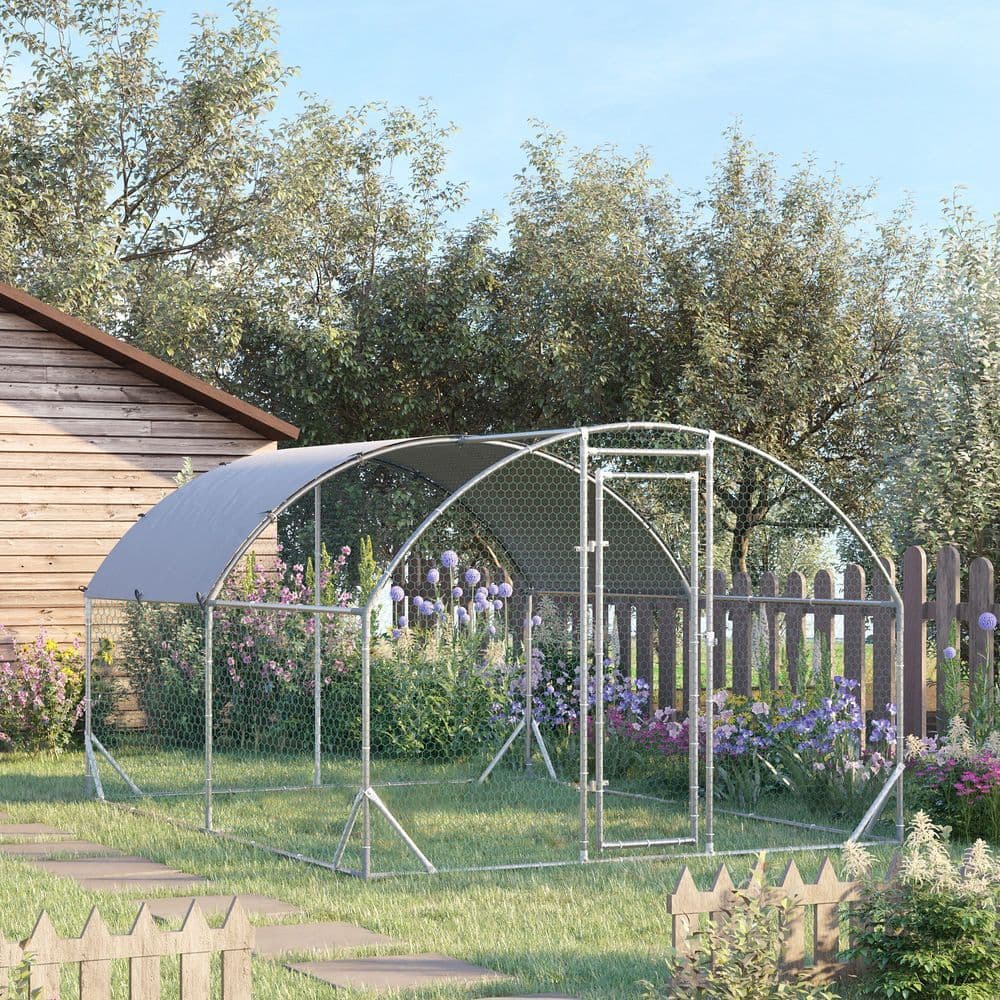 image-Walk-In Chicken Run Galvanised Chicken Coop w/ Cover 2.8 x 3.8 x 2m Pawhut