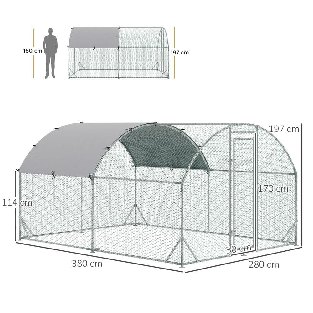 image-Walk-In Chicken Run Galvanised Chicken Coop w/ Cover 2.8 x 3.8 x 2m Pawhut