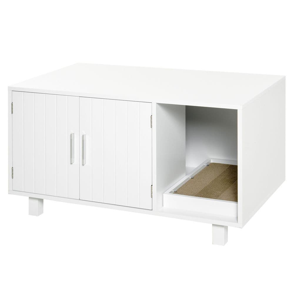 image-Cat Litter Box Enclosure & House w/ Nightstand/End Table Design, White Pawhut