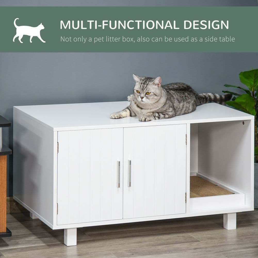 image-Cat Litter Box Enclosure & House w/ Nightstand/End Table Design, White Pawhut