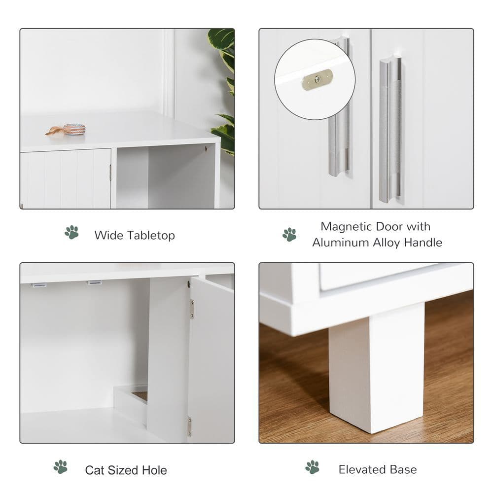 image-Cat Litter Box Enclosure & House w/ Nightstand/End Table Design, White Pawhut