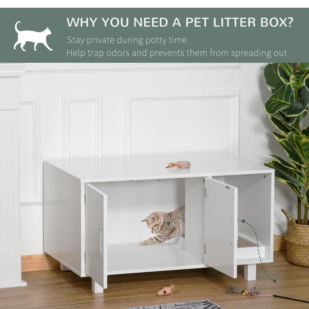 image-Cat Litter Box Enclosure & House w/ Nightstand/End Table Design, White Pawhut