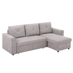 image-HOMCOM Linen-Look L-Shaped Sofa Bed w/ Storage Bed Sleeper Flat Studio Grey