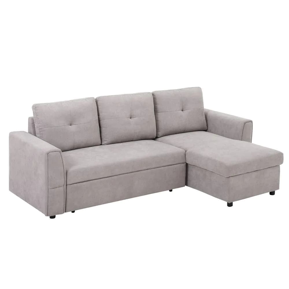 image-HOMCOM Linen-Look L-Shaped Sofa Bed w/ Storage Bed Sleeper Flat Studio Grey