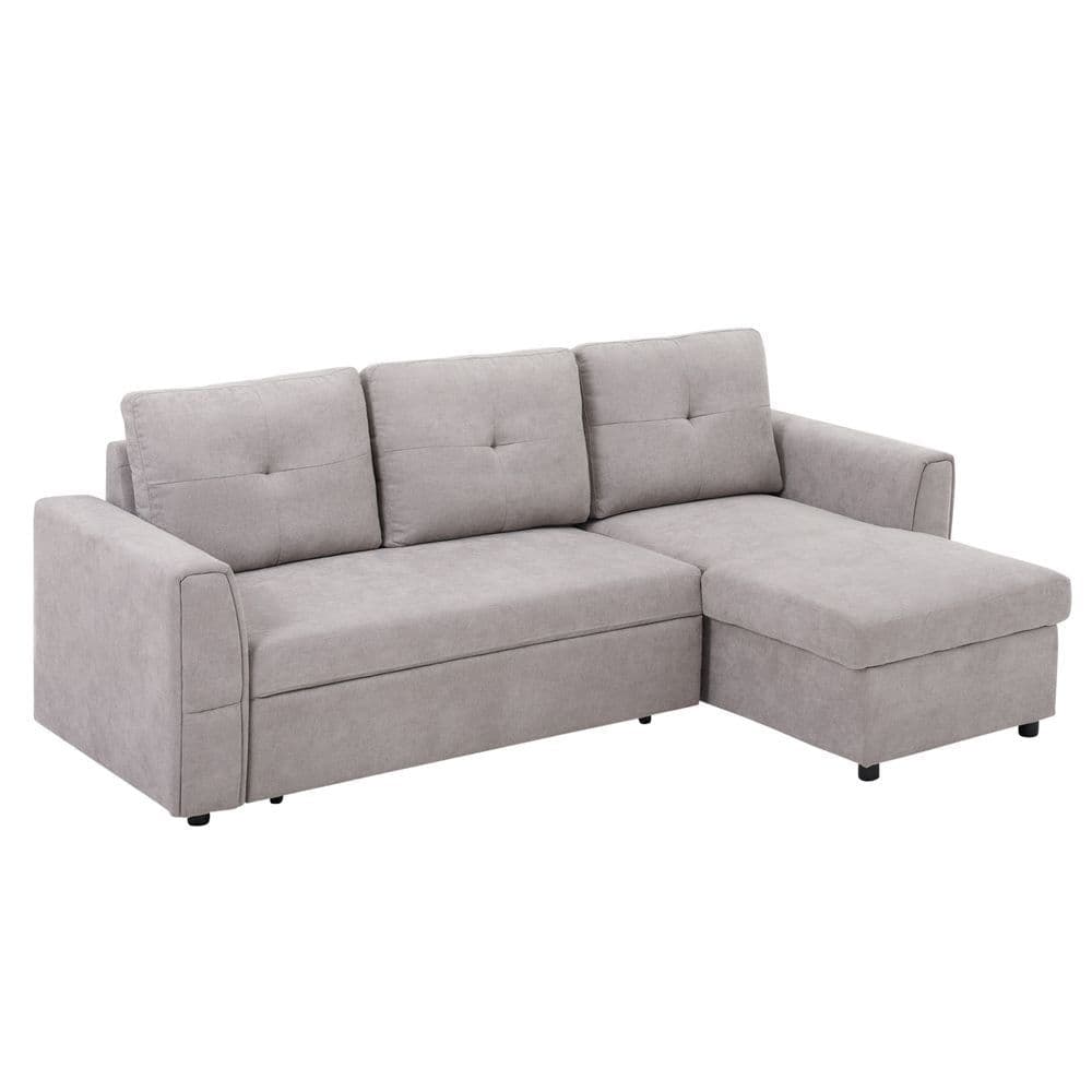 image-HOMCOM Linen-Look L-Shaped Sofa Bed w/ Storage Bed Sleeper Flat Studio Grey