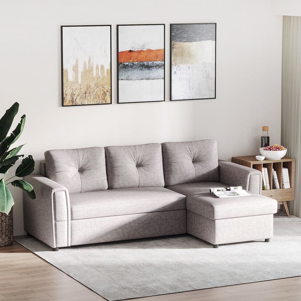 image-HOMCOM Linen-Look L-Shaped Sofa Bed w/ Storage Bed Sleeper Flat Studio Grey