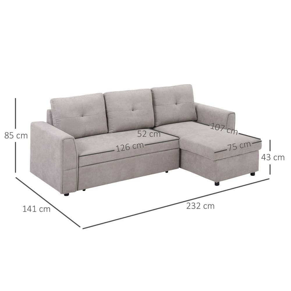 image-HOMCOM Linen-Look L-Shaped Sofa Bed w/ Storage Bed Sleeper Flat Studio Grey