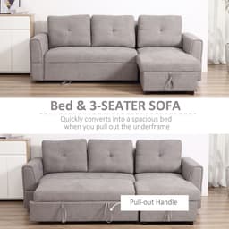 image-HOMCOM Linen-Look L-Shaped Sofa Bed w/ Storage Bed Sleeper Flat Studio Grey