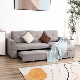image-HOMCOM Linen-Look L-Shaped Sofa Bed w/ Storage Bed Sleeper Flat Studio Grey